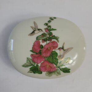 Otagiri Covered Trinket Box White with Hummingbirds & Pink Flowers